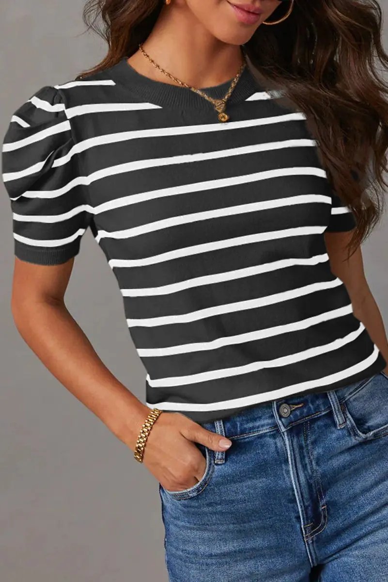 White Stripe Ribbed Trim Round Neck Bubble Sleeve Knitted Top - Love Salve